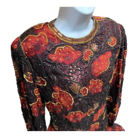 JUDITH ANN CREATIONS Xs SILK FLOWER PRINT BEAD & SEQUINS DRESS Burgundy Modest - Picture 10 of 12